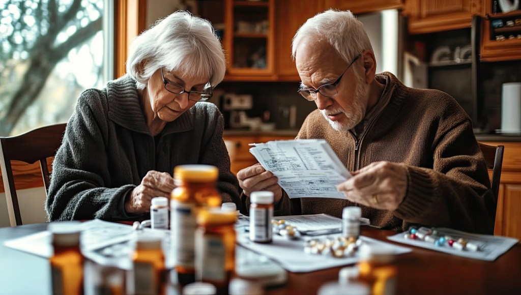 senior couple reviewing healthcare expenses while planning for retirement